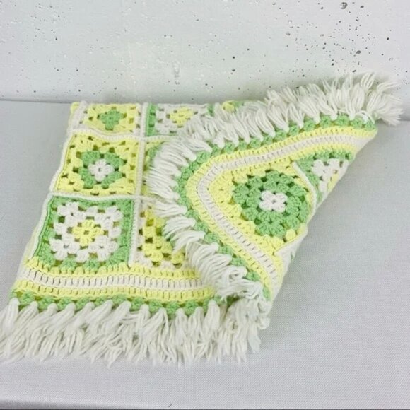 2 Vintage Hand Knit Pink Yellow Green Handmade Crochet Baby Blankets - Picture 7 of 15